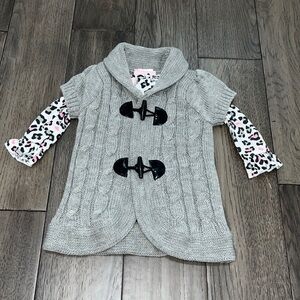 Little lass weaved cardigan sweater w/ matching cheetah print longsleeve shirt